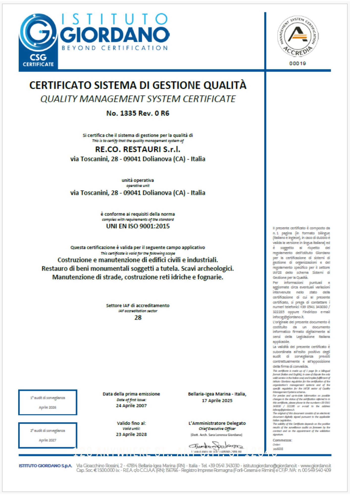 CERTIFICATO SISTEMA DI GESTIONE QUALITÀ -UNI EN ISO 9001:2015